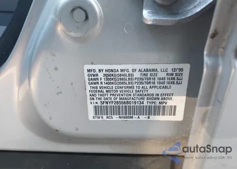 2006 Honda Pilot Ex-L z USA, uszkodzony, nr VIN 5FNYF28556B019134